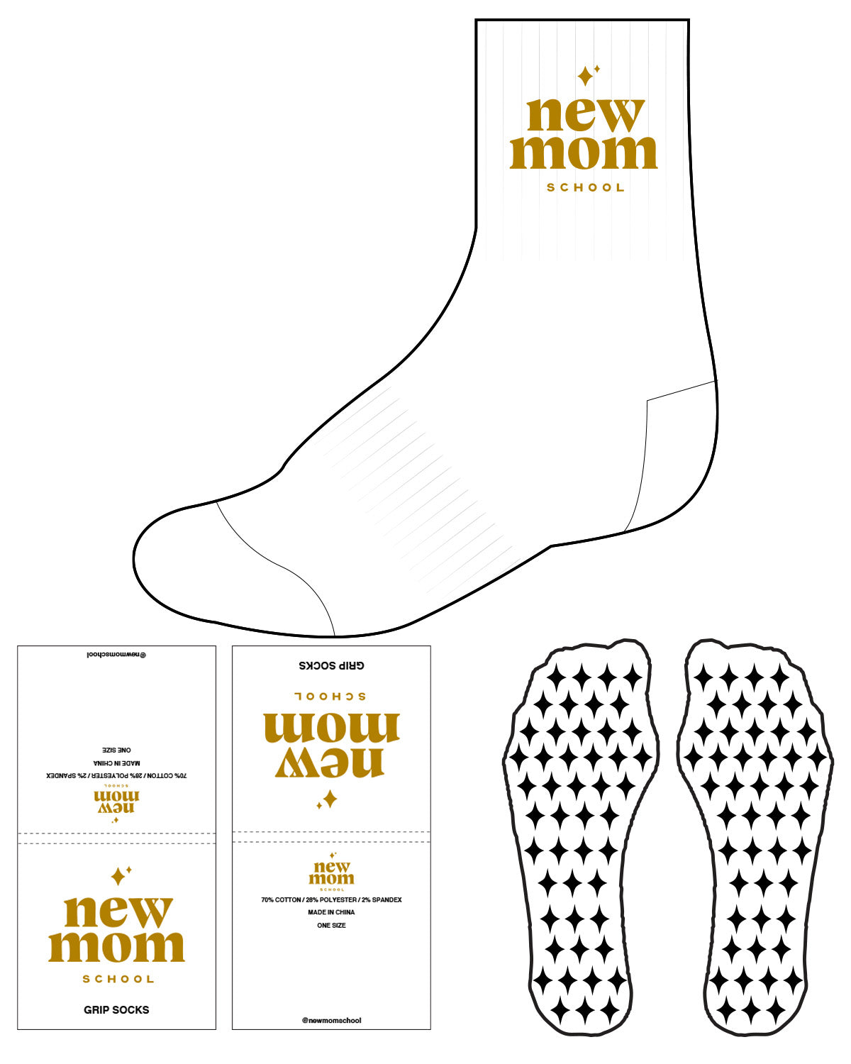 The 3/4 Crew Sock - White - New Mom School - Top & Transparent Star Grip - Gold