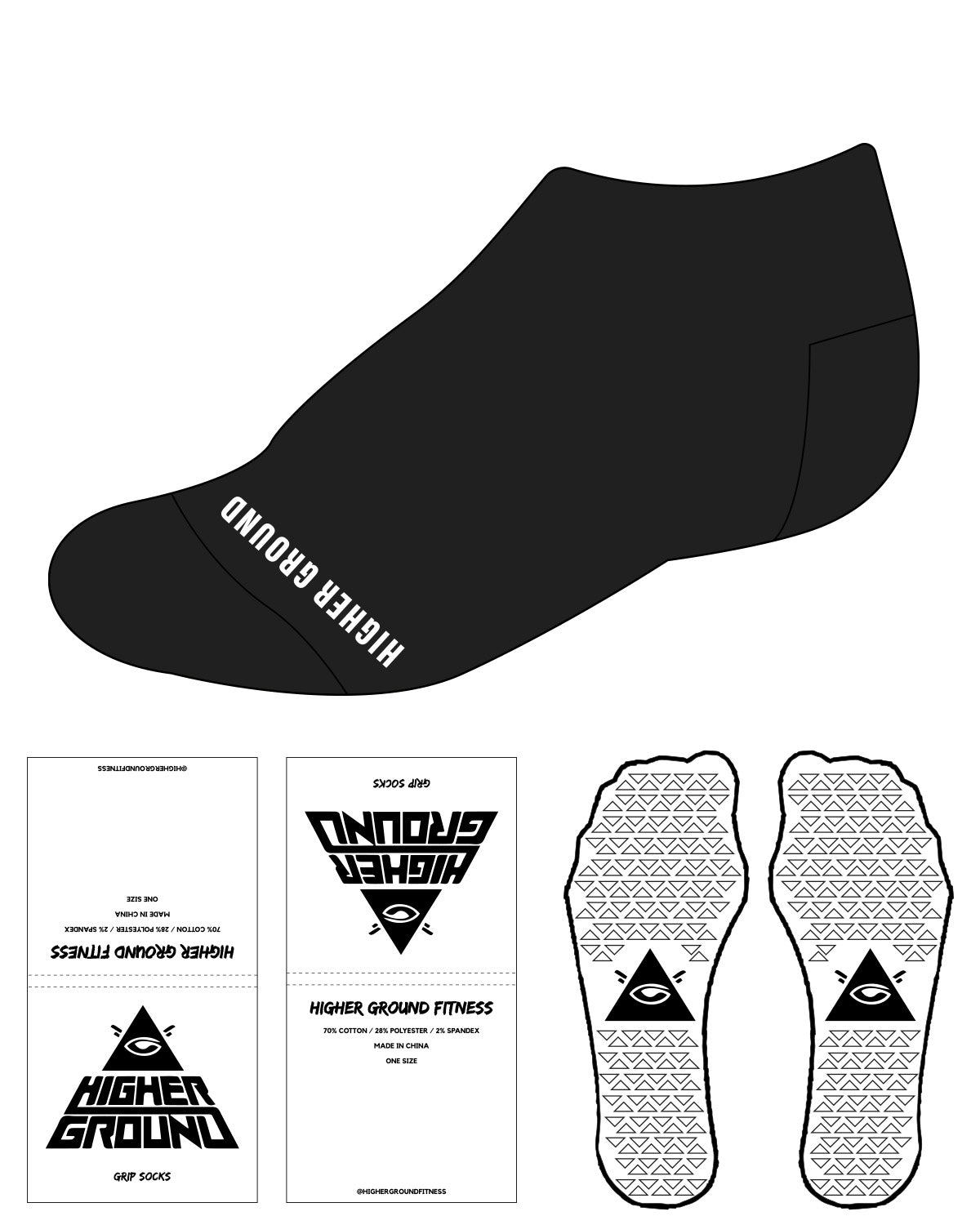 The Ankle Sock - Black - Higher Ground - Bottom Text - White - Triangle Shape Grip - White