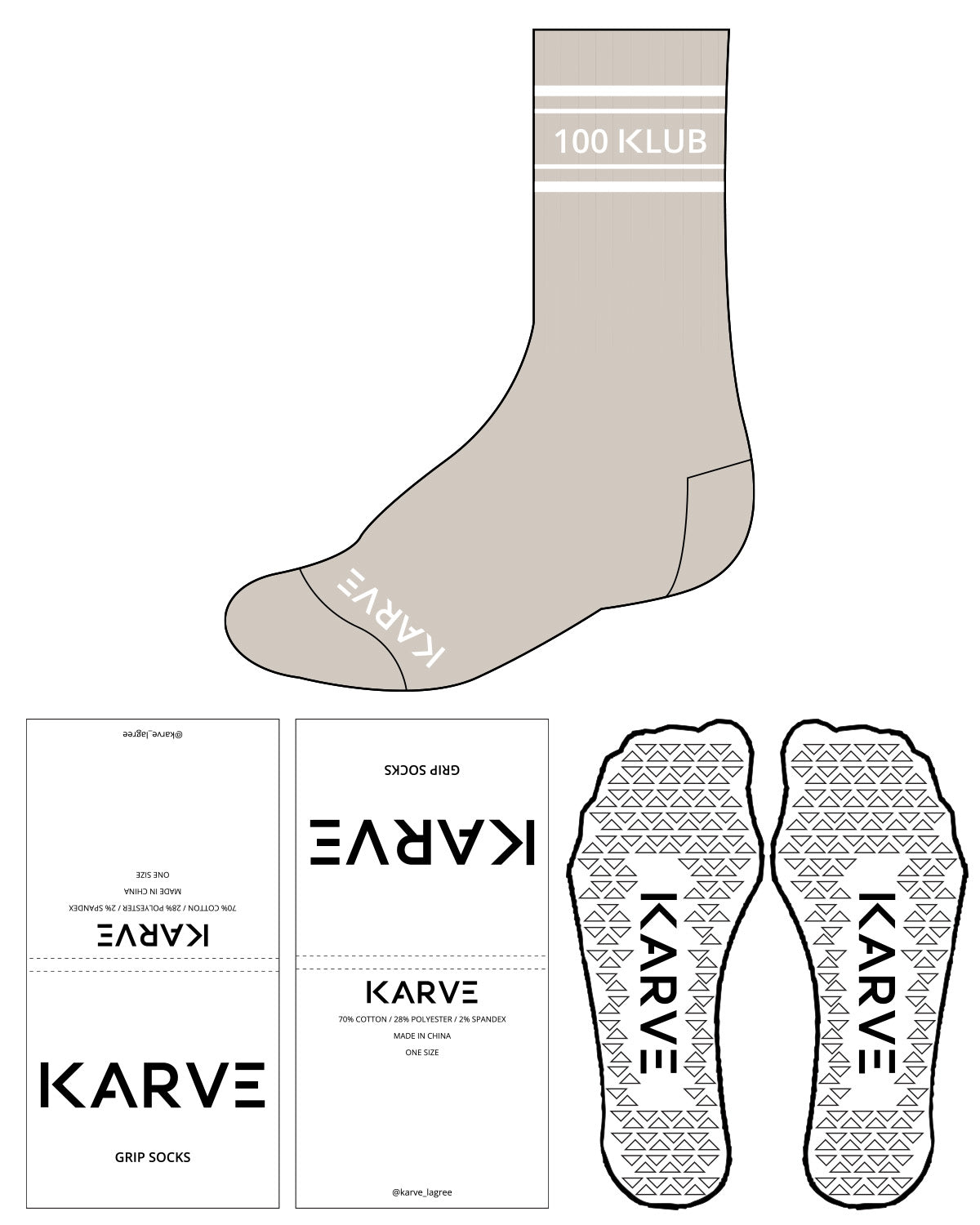 The Crew Sock - Agreeable Gray - L201 - Karve - 100 Klub Top Borders & Transparent Triangle Grip - White