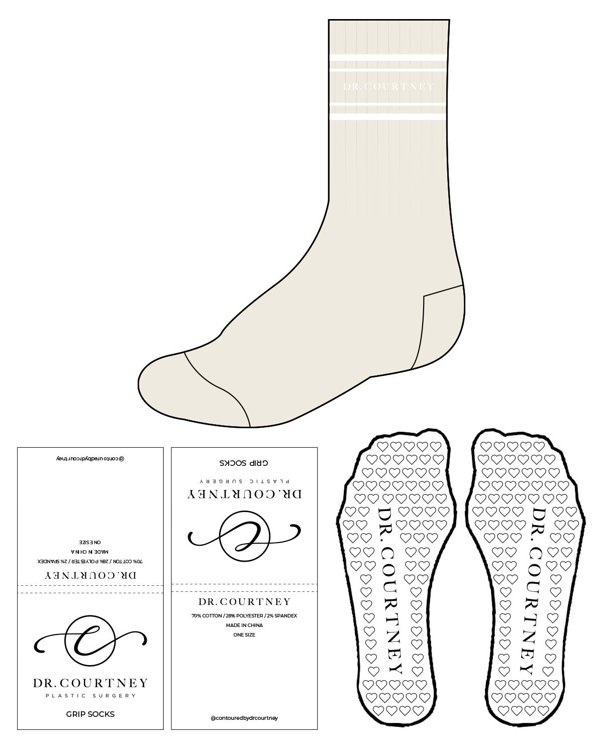 The Crew Sock - Tan - Dr.Courtney - Top Dual Border & White Heart Grip - White
