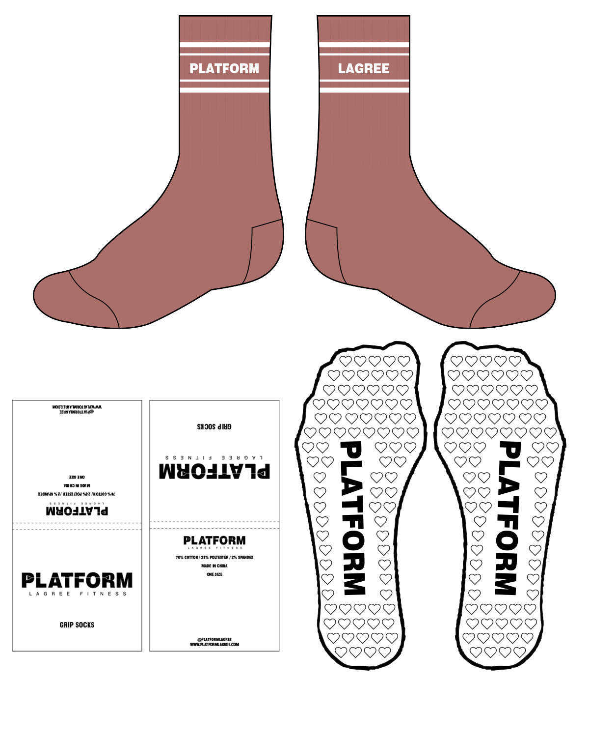 The Crew Sock - Rosy Pink - Platform - Top Center & Heart Shape Grip - White