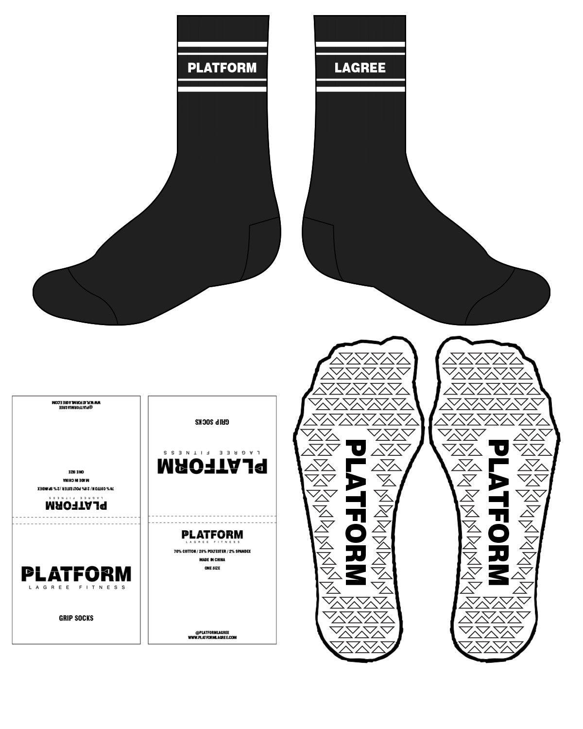 The Crew Sock - Black - Platform - Top Center & Triangle Shape Grip - White