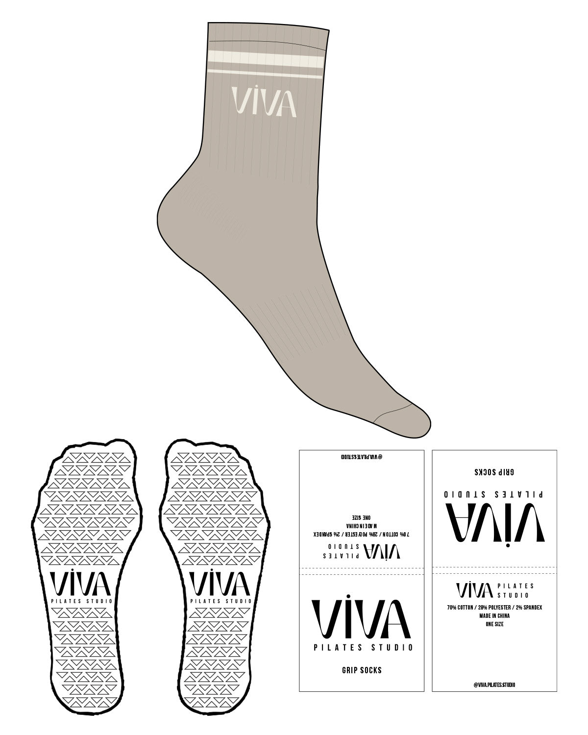 The 3/4 Crew Sock - Tan - Viva Pilates - Ankle with Border - Transparent Triangle Grip - Off White