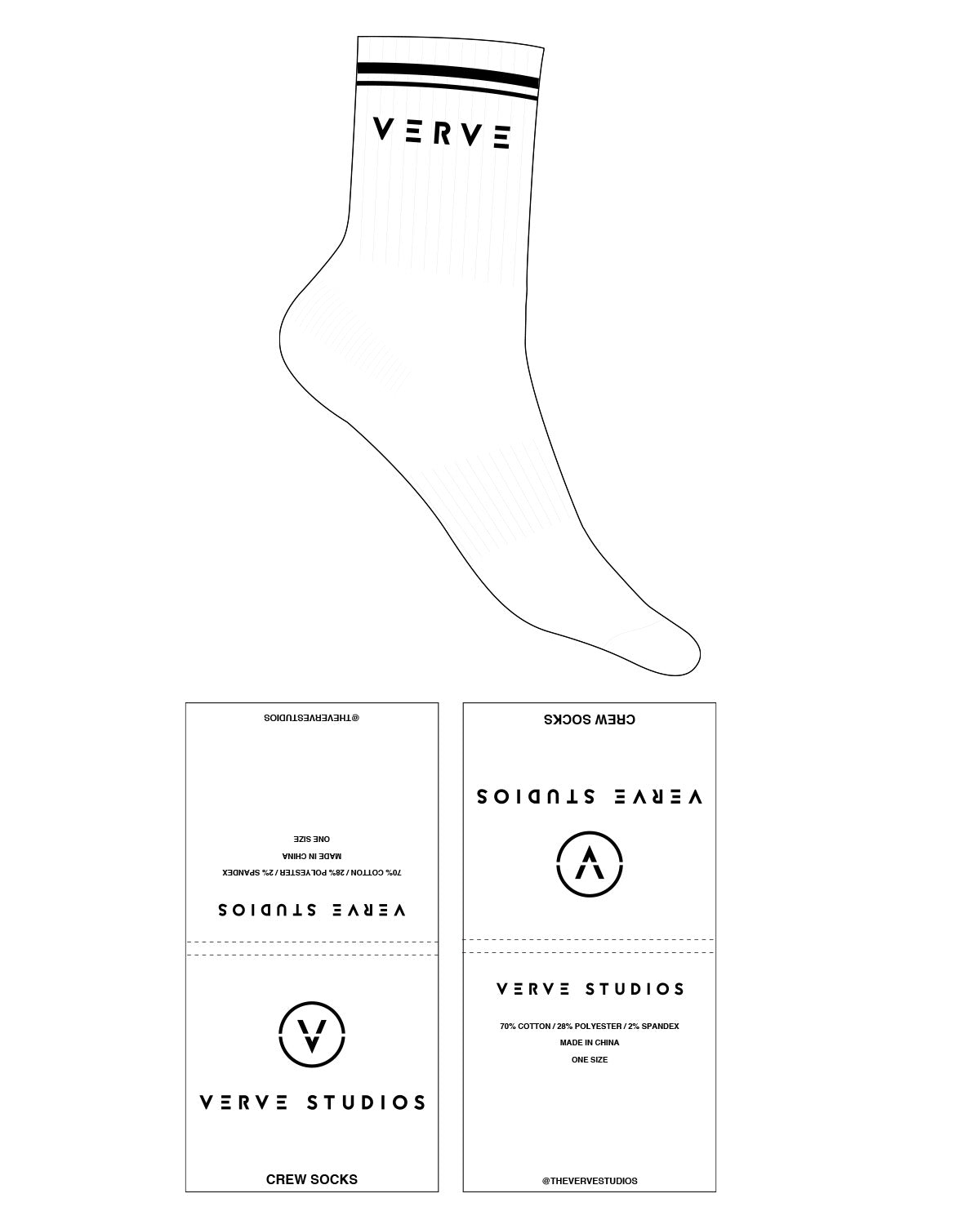 The 3/4 Crew Sock - White - Verve Studios - Top Text - Dual Stripes - Black