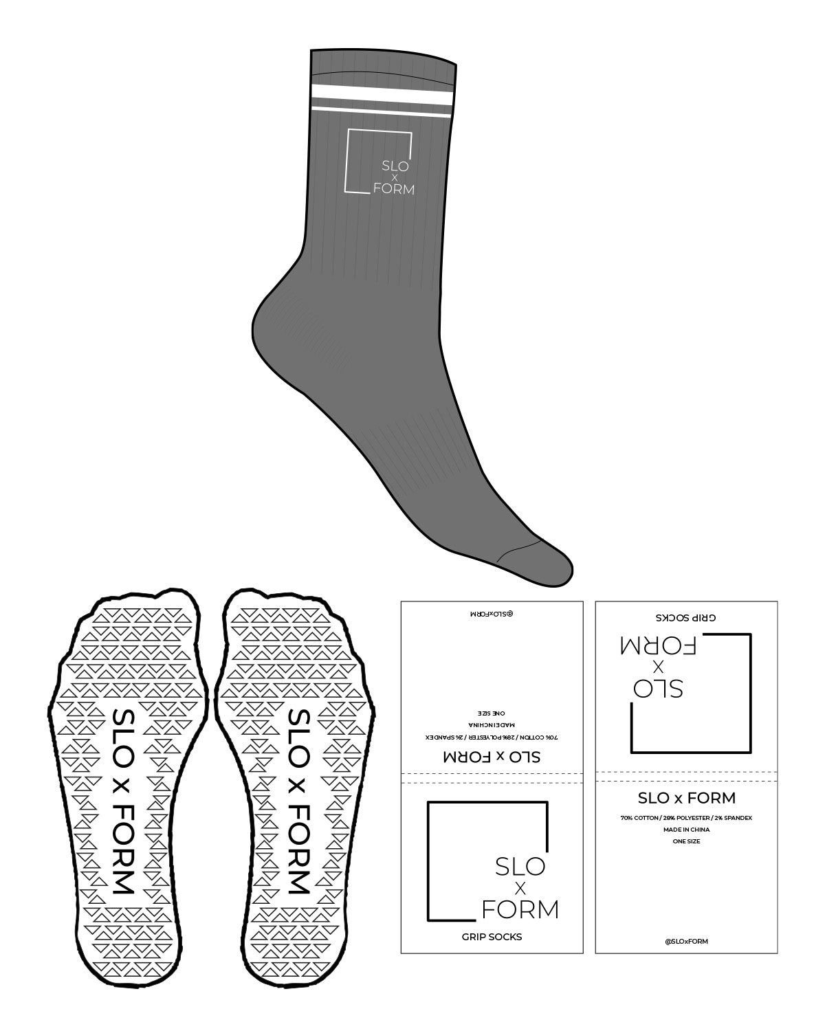 The Crew Sock - Charcoal - Slo x Form - Side & Thin Stripe - Transparent Triangle Grip - White