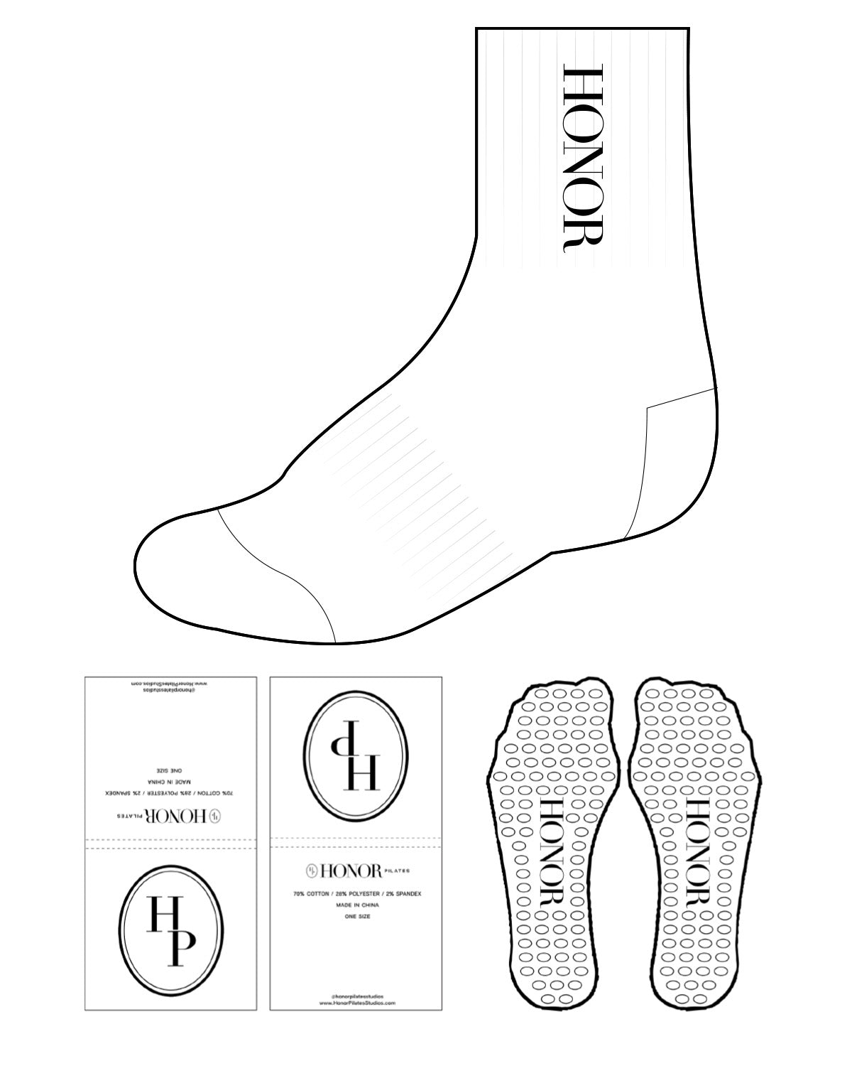 The 3/4 Crew Sock - White - Honor Pilates - Top Center Stacked & Oval Grip - Black