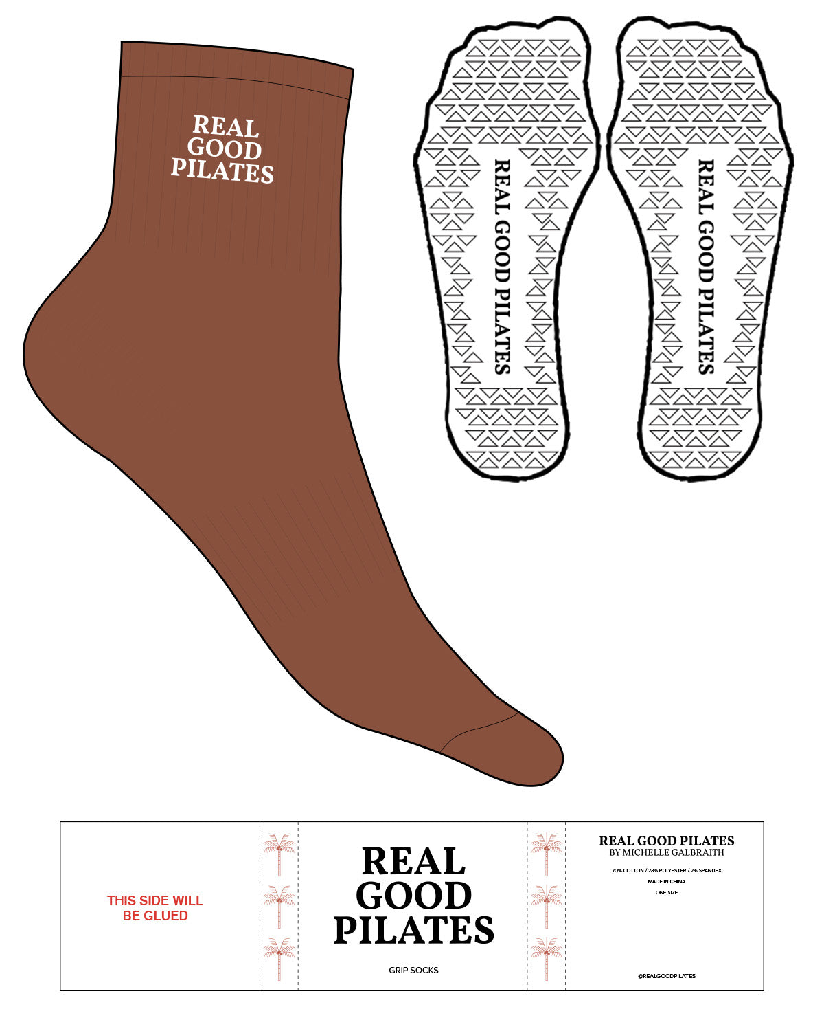 The 1/2 Crew Sock - M214 - Real Good Pilates - Top Logo - White - Triangle Shape Grip - Transparent