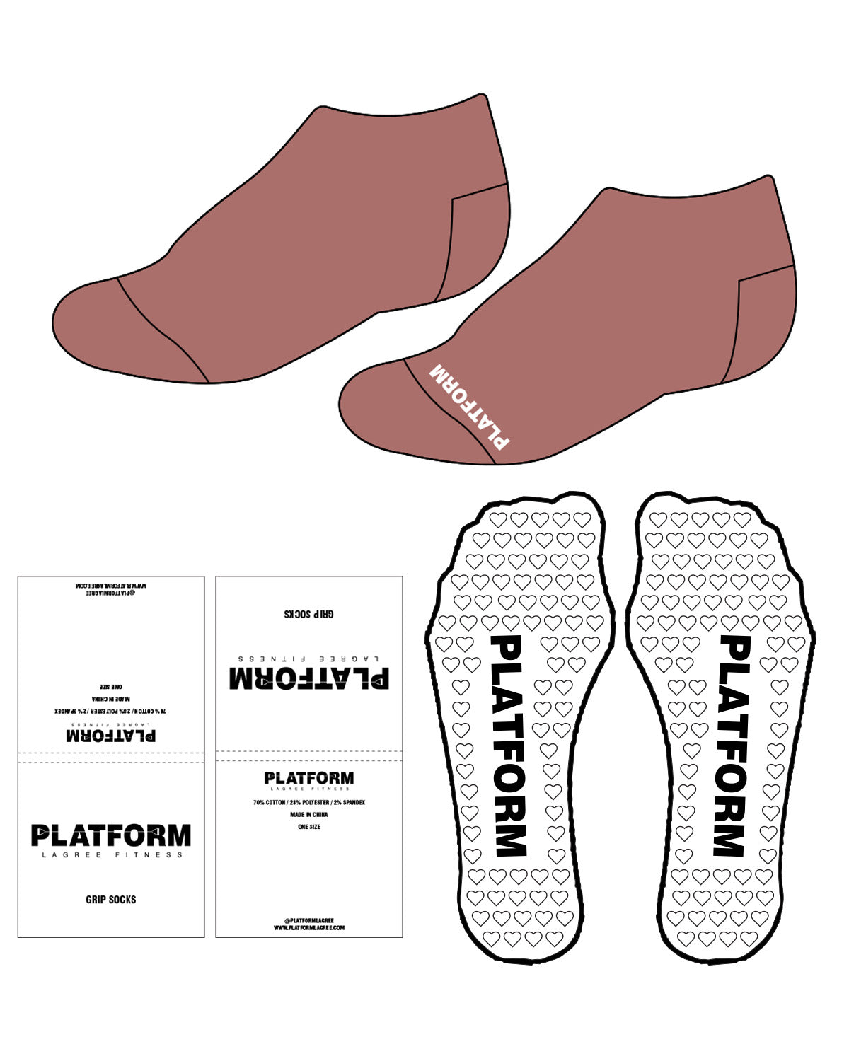 The Ankle Sock - Rosy Pink - Platform - Bottom Center & Heart Shape Grip - White