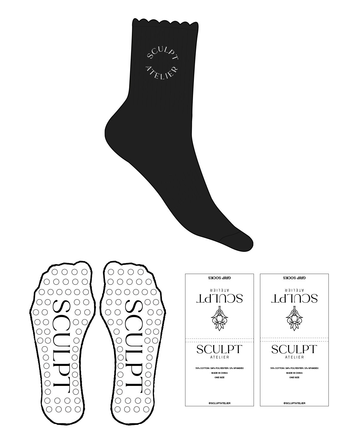 The 3/4 Crew Sock - Black - Sculpt Atelier - Black - White Circle Grip - White