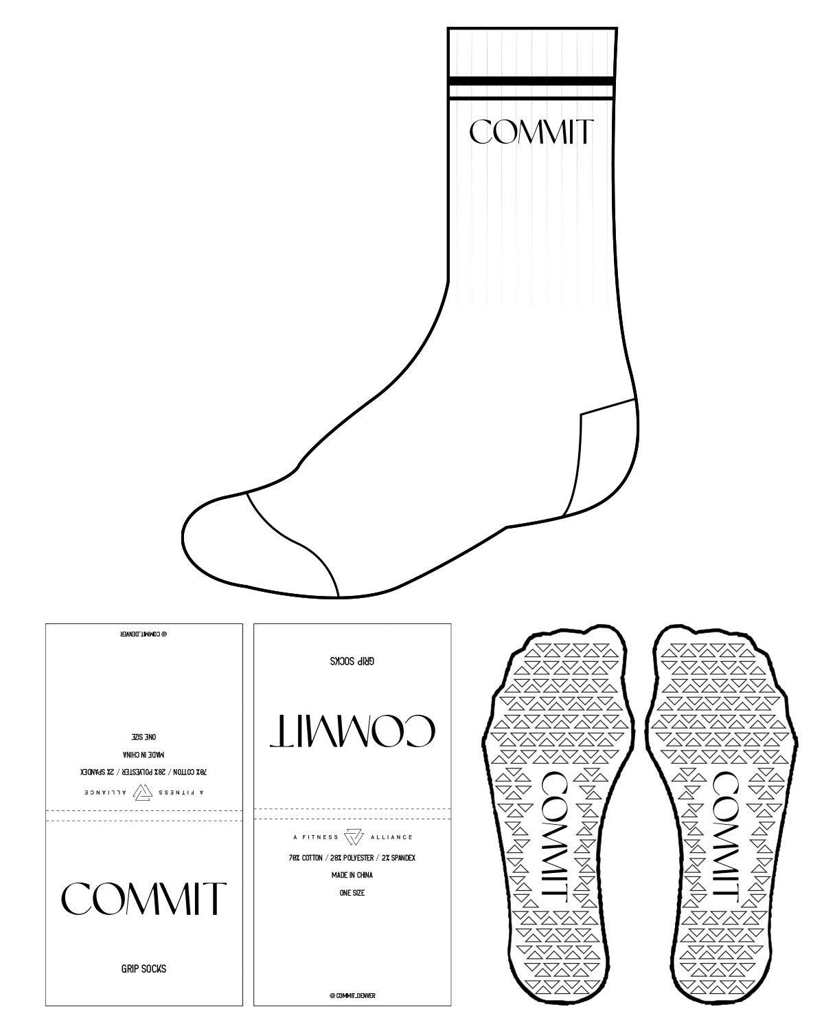 The Crew Sock - White - Commit Fitness - 2 Lines - Commit - Black - Black Grip