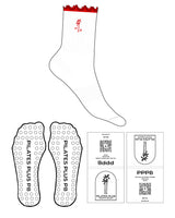 The 3/4 Crew Sock - White - Pilates Plus PB - Top Icon & PB - Red - Red Frill - Embroidered - Circle Shape Grip - Red