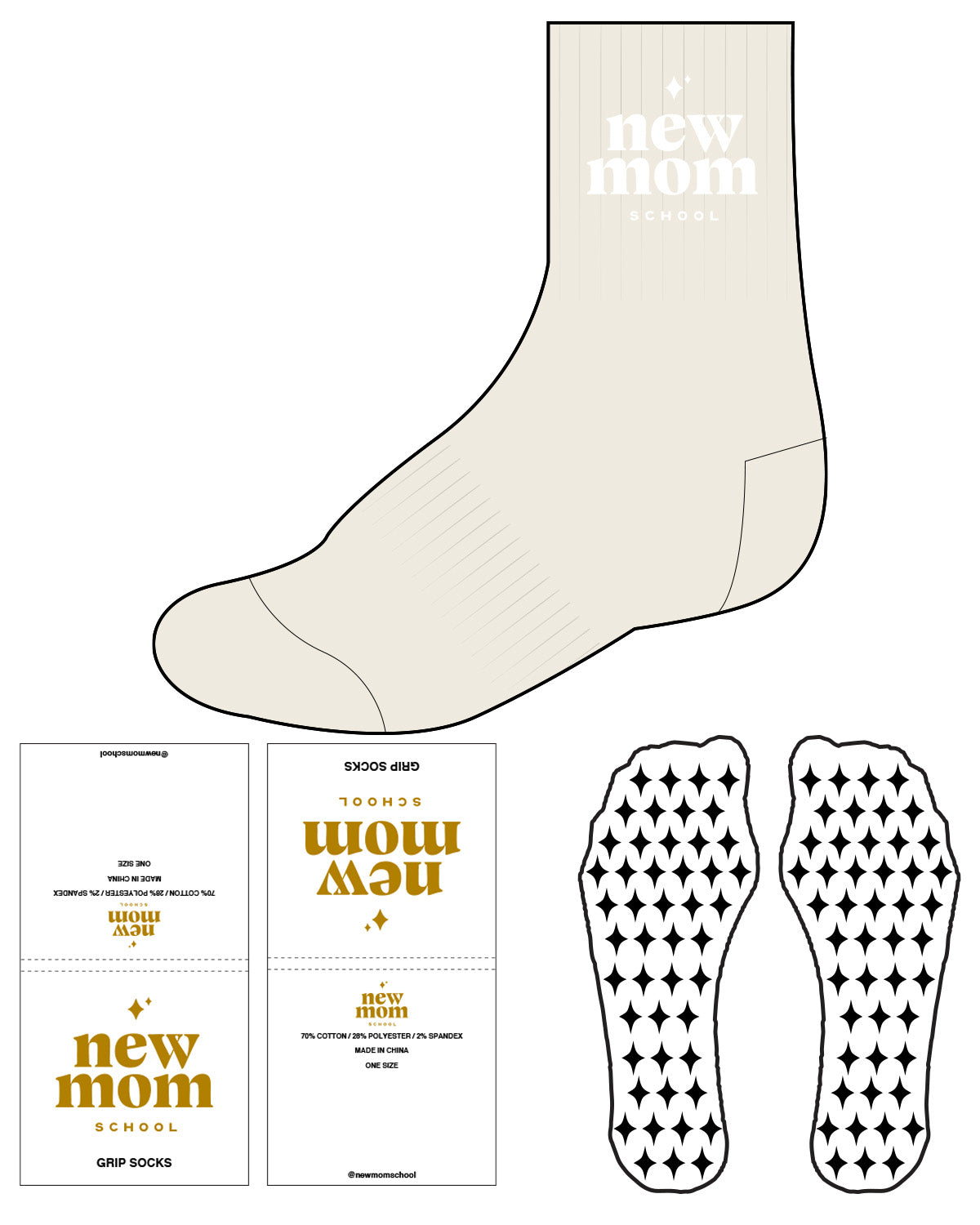 The 3/4 Crew Sock - Tan - New Mom School - Top & Transparent Star Grip - White