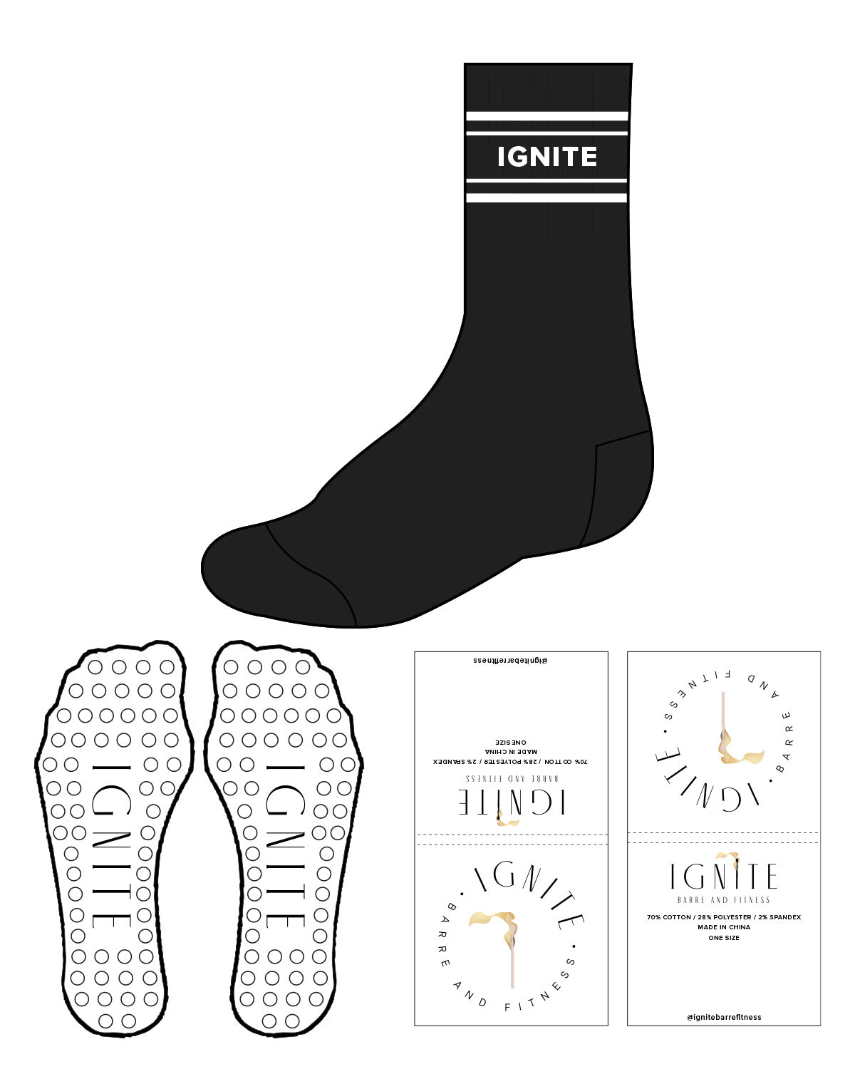 The Crew Sock - Black - Ignite Barre & Fitness - 4 Strips - IGNITE Logo in Middle - White - Circle Shape Grip - White