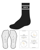 The Crew Sock - Black - Ignite Barre & Fitness - 4 Strips - IGNITE Logo in Middle - White - Circle Shape Grip - White