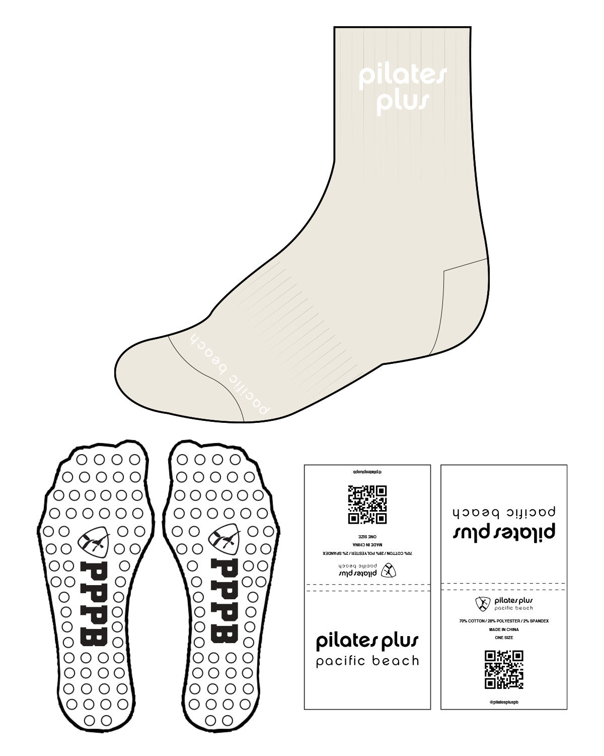 The 3/4 Crew Sock - Off White - Pilates Plus PB - Front & Top Stacked - Circle Grip - White
