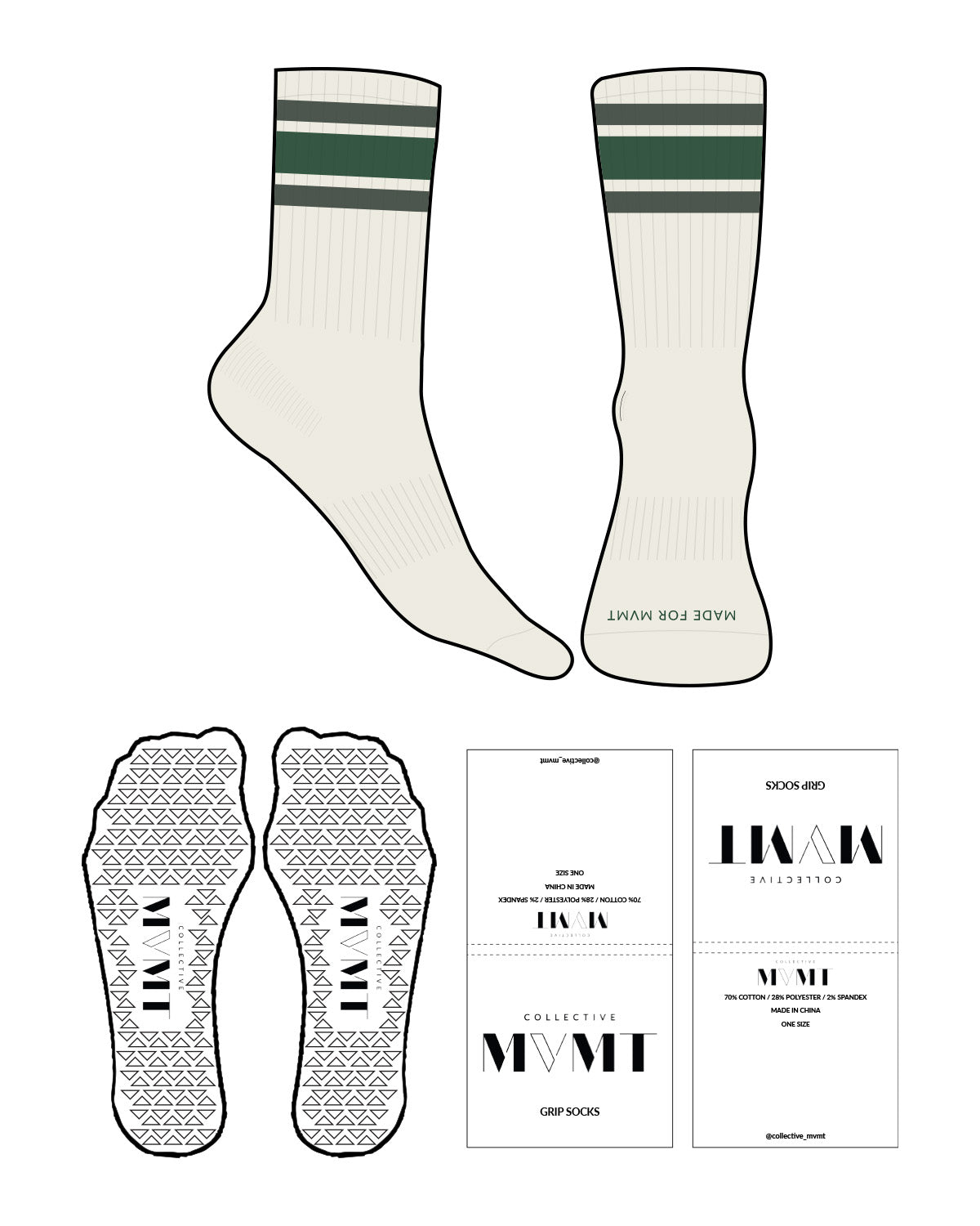 The Crew Sock - Off White - Collective Movement - Charcoal & Green Strips - Front Logo - Full color - Triangle Shape Grip - Transparent