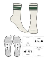 The Crew Sock - Off White - Collective Movement - Charcoal & Green Strips - Front Logo - Full color - Triangle Shape Grip - Transparent