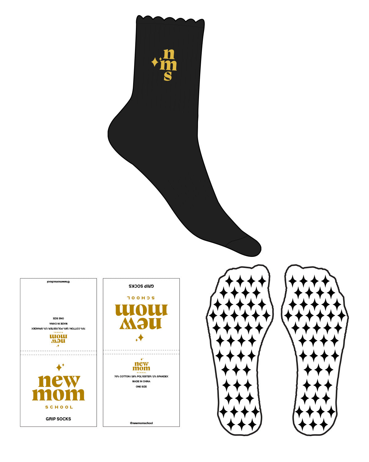 The 3/4 Crew Sock - Black - New Mom School - Top Logo "NMS" - Gold - Star Shape Grip - Transparent