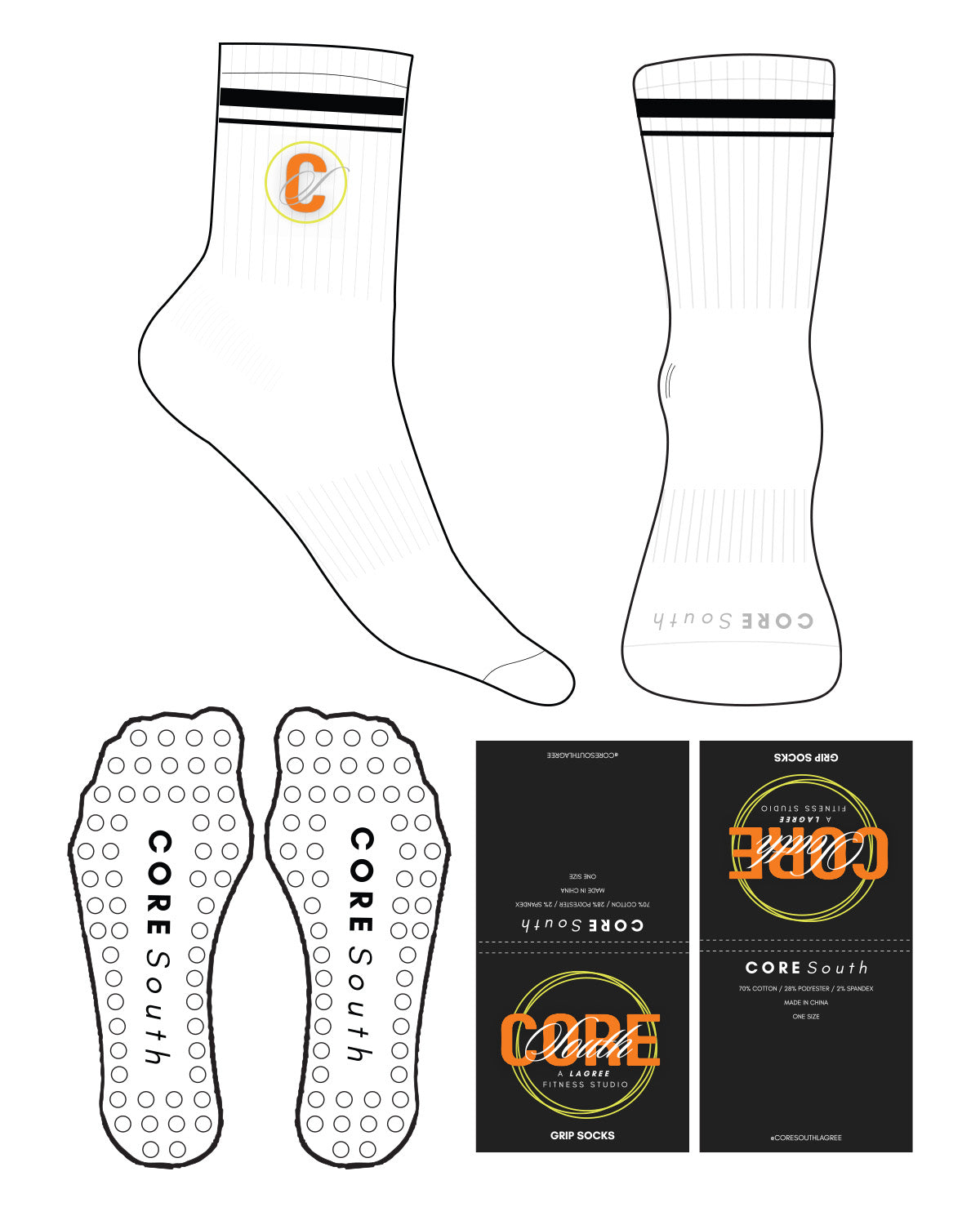 The Crew Sock - White - Core South Lagree - 2 Strips - Front and Top Logo - Full Color - Circle Shape Grip - Transparent