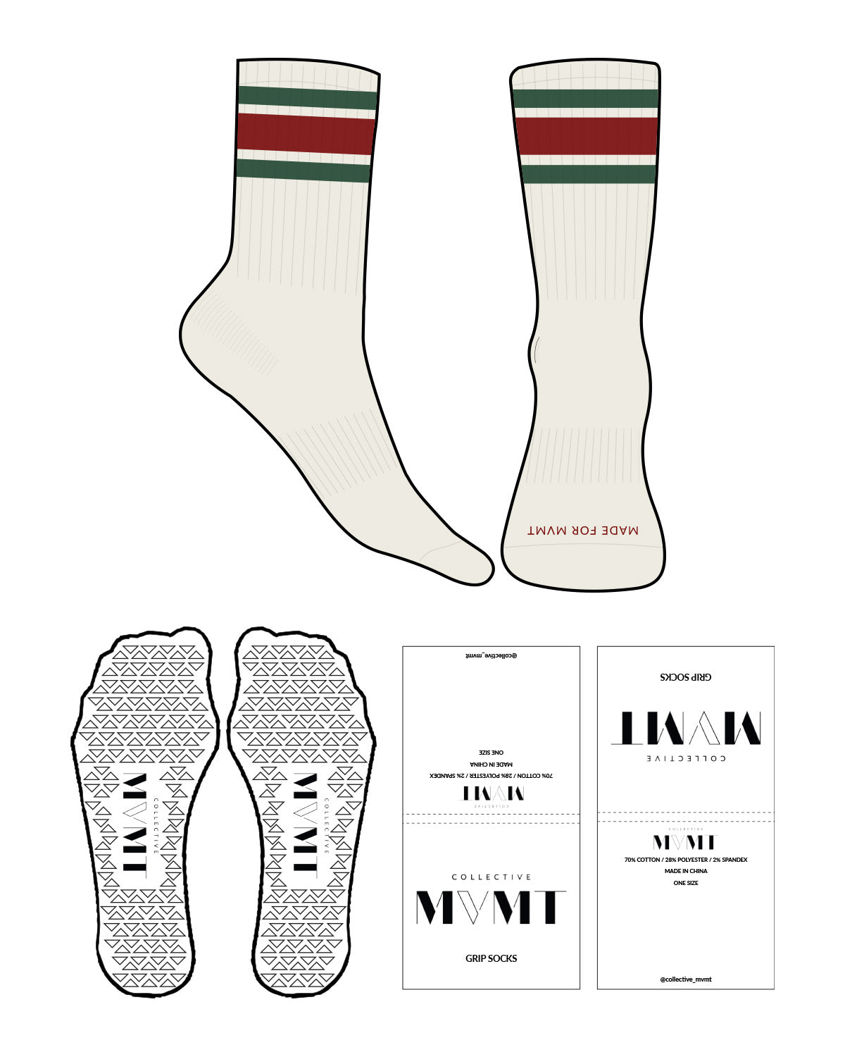 The Crew Sock - Off White - Collective Movement - Green & Red Strips - Front Logo - Full color - Triangle Shape Grip - Transparent