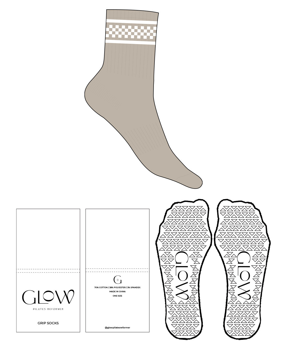 The 3/4 Crew Sock - Tan - GlowPilates - Top Logo - White - Triangle Shape Grip - White