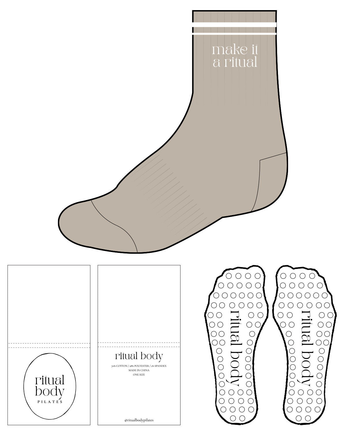 The 3/4 Crew Sock - Tan - Ritual Body - Top Stacked & Transparent Circle Grip - White