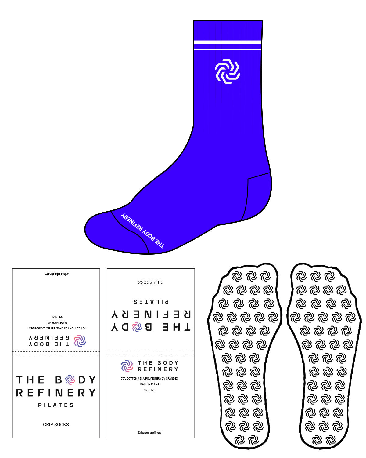 The Crew Sock - Blue - The Body Refinery - Top Lining "LOGO" & Bottom - Custom Grip - White