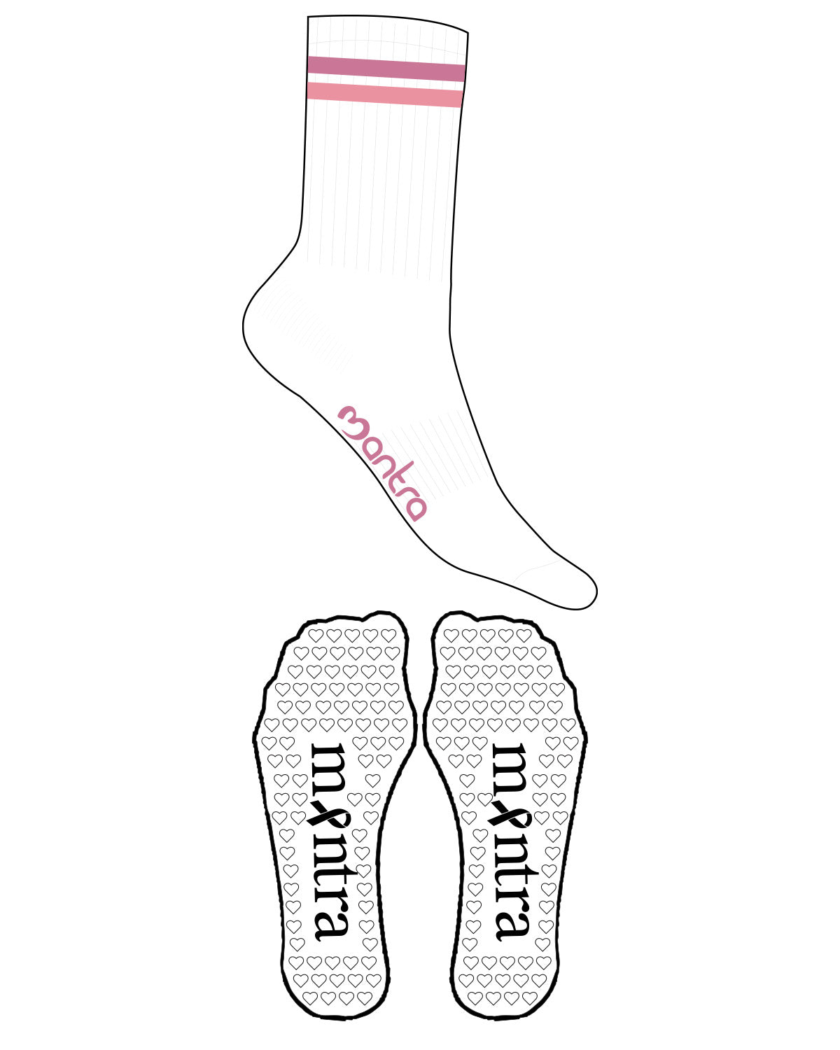 The Crew Sock - White - Mantra - Bottom & Ankle Border - Transparent Heart Grip - Embroidered - Full Color