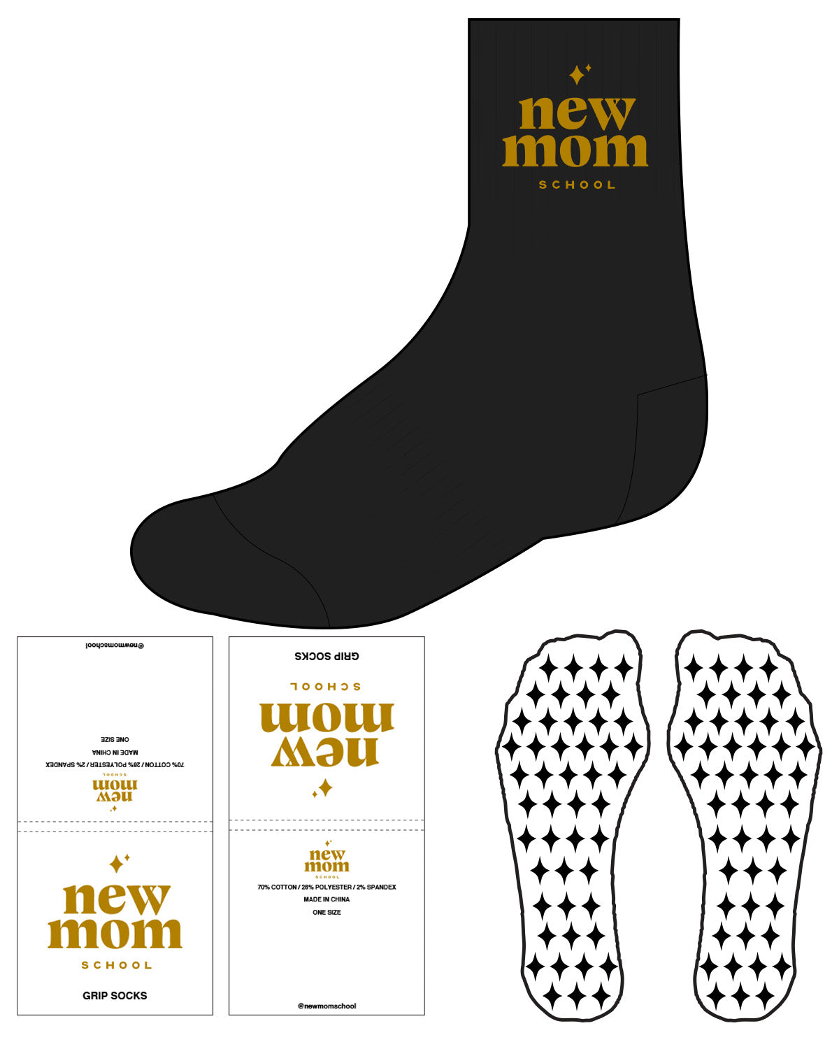 The 3/4 Crew Sock - Black - New Mom School - Top & Transparent Star Grip - Gold