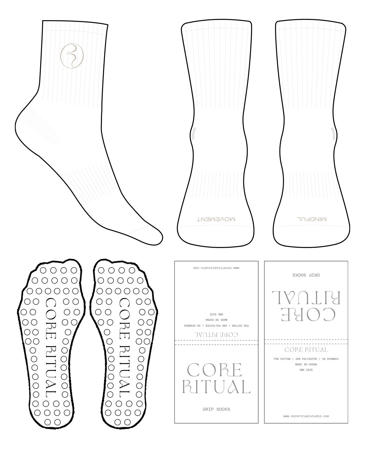 The 3/4 Crew Sock - White - Core Ritual - Toe & Ankle Icon (Embroidered) - Transparent Circle Grip - Tan