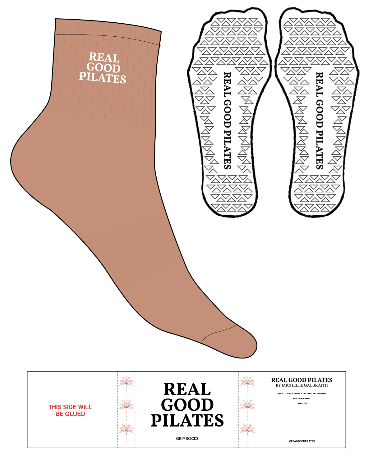 The 1/2 Crew Sock - Terracotta L285 - Real Good Pilates - Top Logo - White - Triangle Shape Grip - Transparent