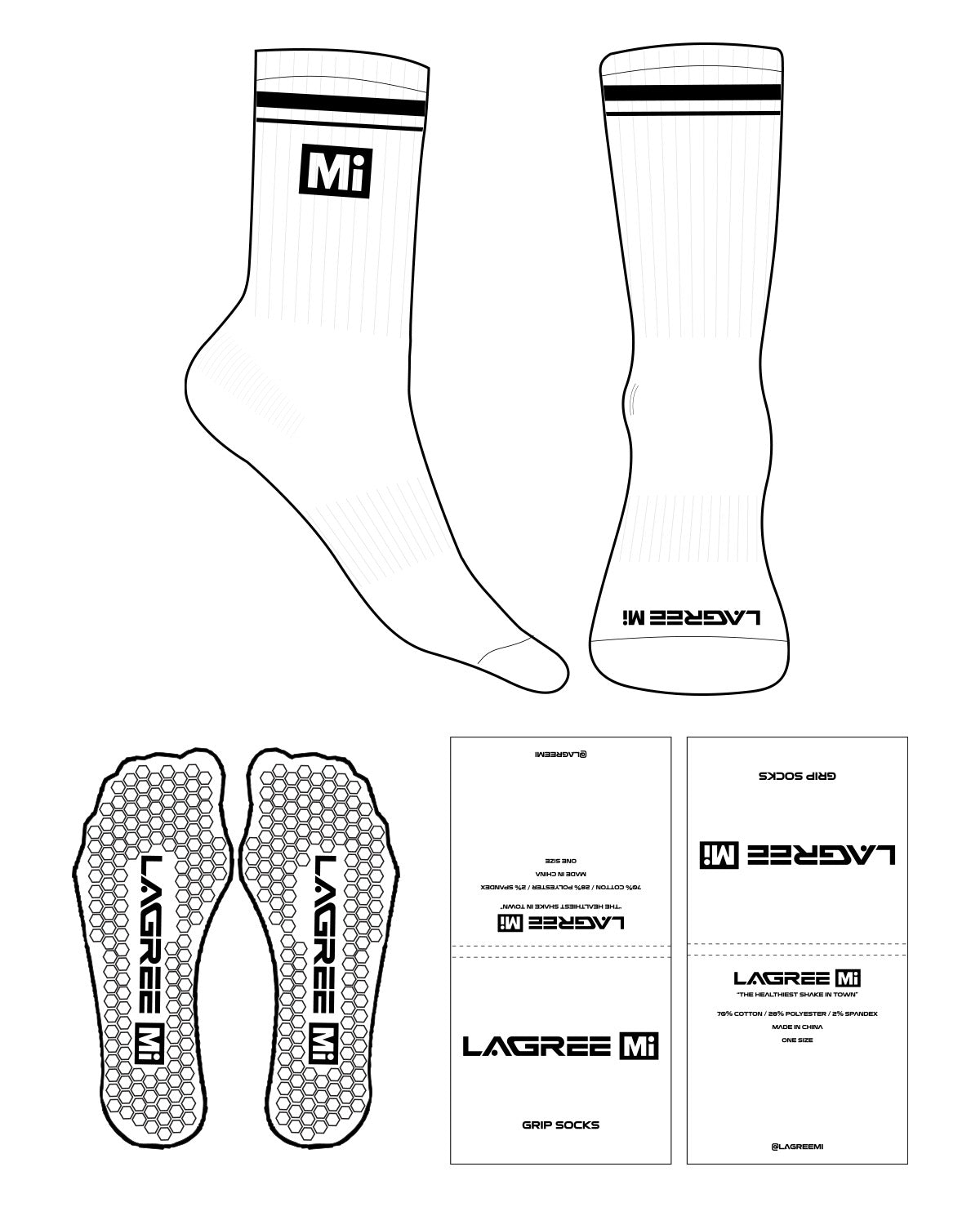 The Crew Sock - White - Lagree Mi - Toe & Ankle "Mi" with Border - Black Hexagon Grip - Black