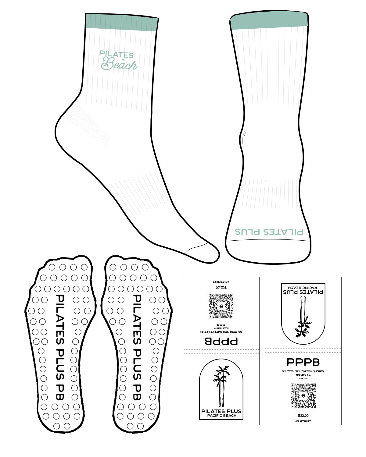 The 3/4 Crew Sock - White - Pilates Plus PB - Top Soiid Color & Text - Bottom Text - Seafoam - Embroidered - Circle Shape Grip - Seafoam