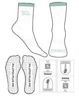 The 3/4 Crew Sock - White - Pilates Plus PB - Top Soiid Color & Text - Bottom Text - Seafoam - Embroidered - Circle Shape Grip - Seafoam