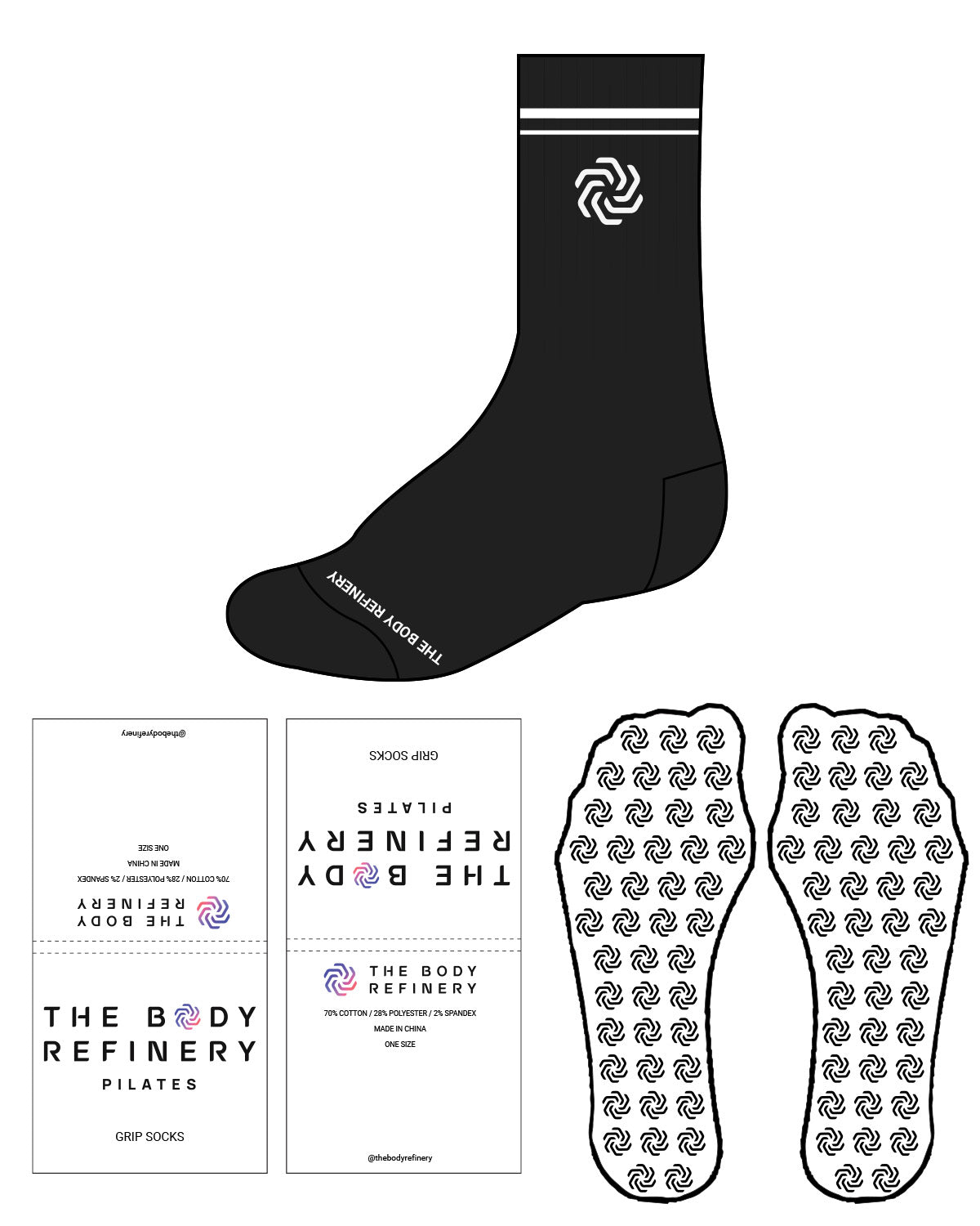 The Crew Sock - Black - The Body Refinery - Top Lining "LOGO" & Bottom - Custom Grip - White
