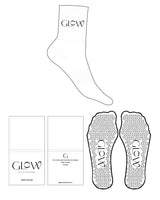 The 3/4 Crew Sock - White - GlowPilates - Top Logo "GLOW" - Black - Triangle Shape Grip - Black