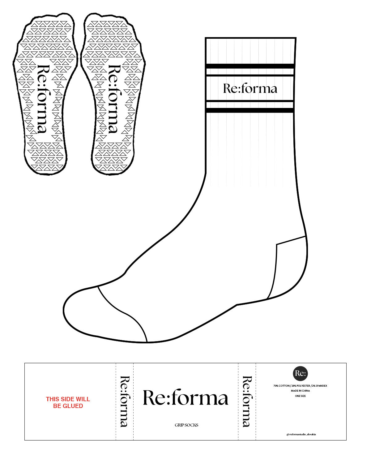 The Crew Sock - White - Re:forma - Top Dual Border - Black Triangle Grip - Black