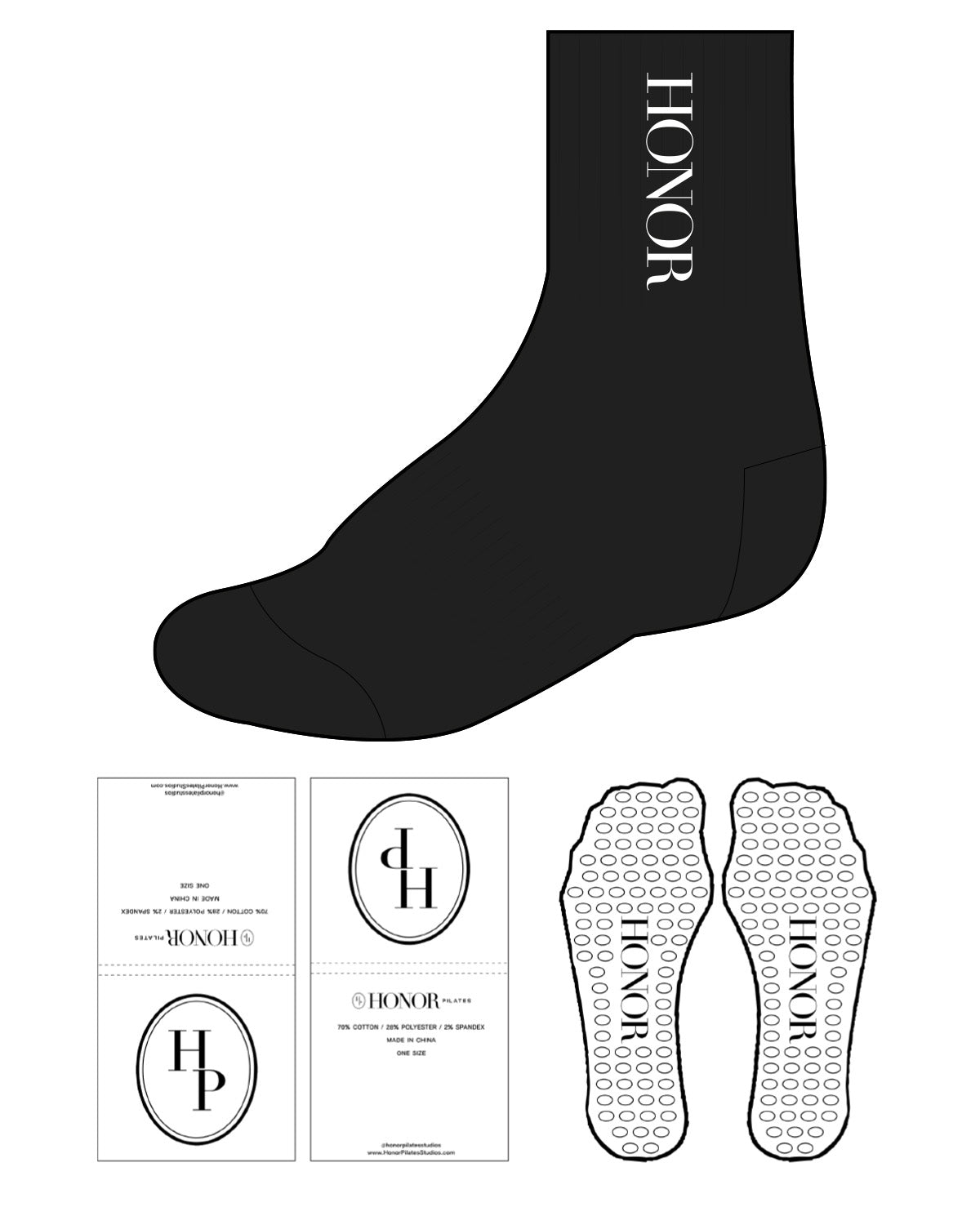 The 3/4 Crew Sock - Black - Honor Pilates - Top Center Stacked & Oval Grip - White