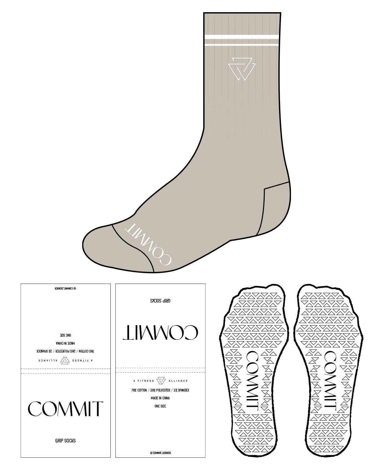 The Crew Sock - Oat - Commit Fitness - 2 Lines - Icon - White - White Grip