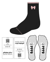 The 3/4 Crew Sock - Black - Pilates Plus PB - Front & Top ''RIBBON'' - Heart Grip - Pink