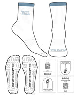 The 3/4 Crew Sock - White - Pilates Plus PB - Top Soiid Color & Text - Bottom Text - Blue - Embroidered - Circle Shape Grip - Blue