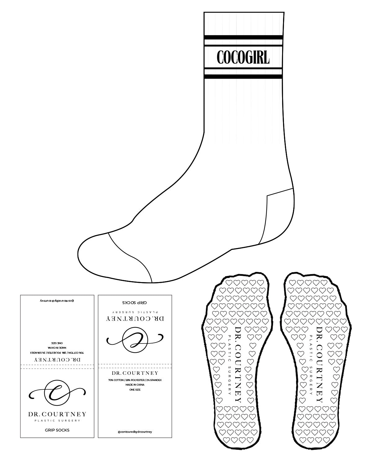 The Crew Sock - White - Dr.Courtney - 4 Lines - Center Text - Black - Heart Shape Grip - Black
