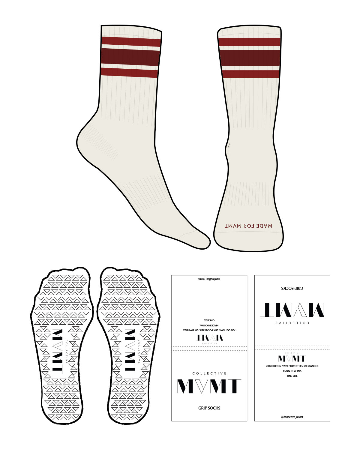 The Crew Sock - Off White - Collective Movement - Red & Maroon Strips - Front Logo - Full color - Triangle Shape Grip - Transparent