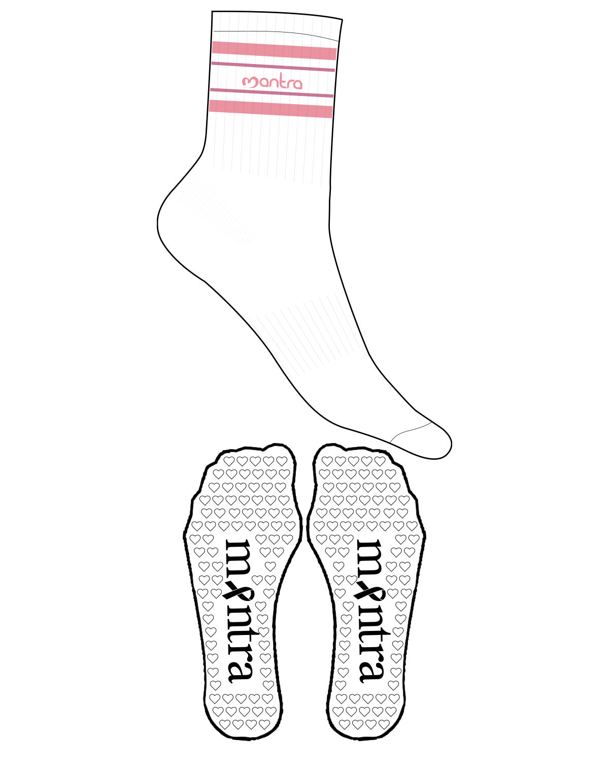 The 3/4 Crew Sock - White - Mantra - Ankle with Border - Transparent Heart Grip - Pink