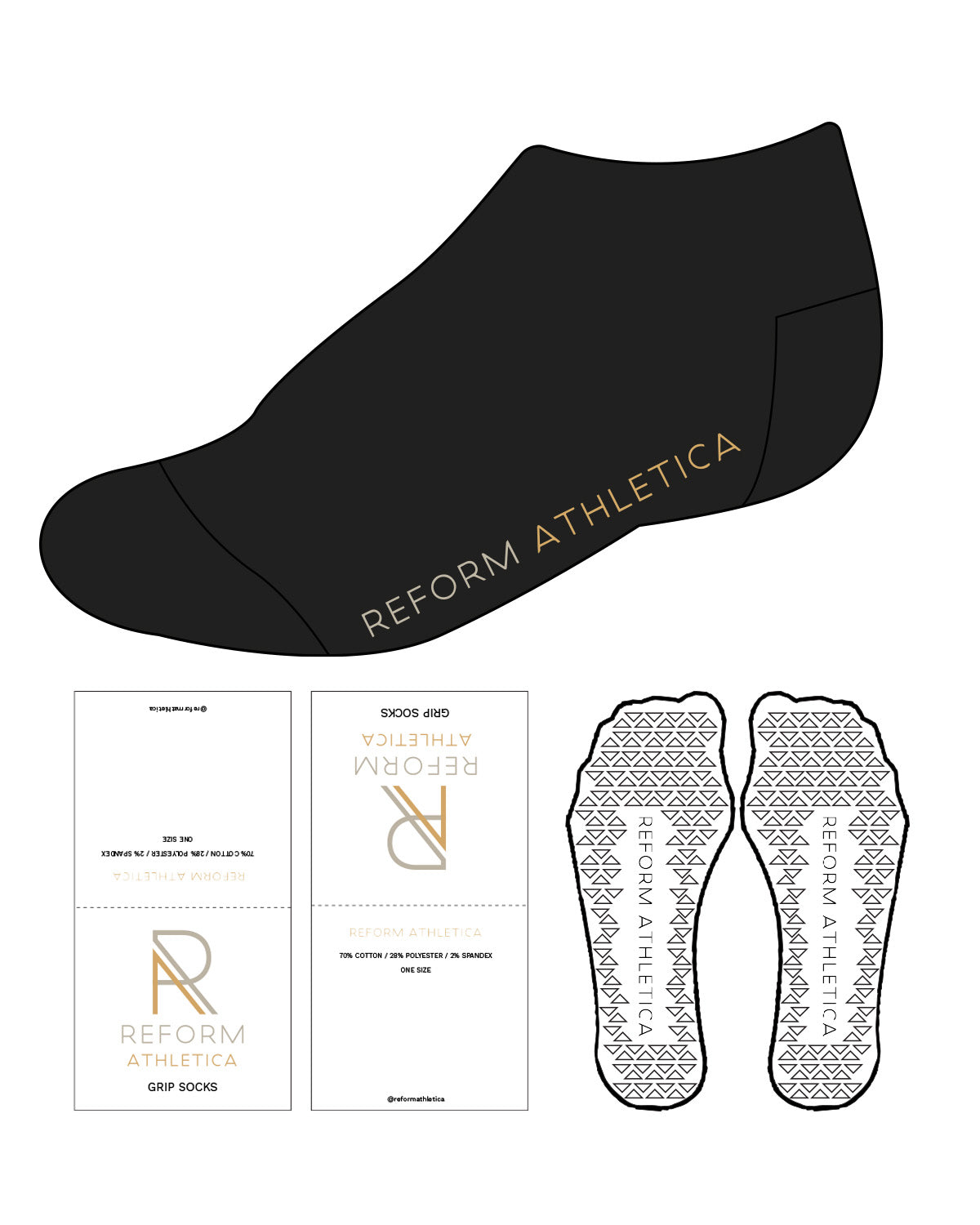 The Ankle Sock - Black - Reform Athletica - Below Heel To Below Toe - Two Tone Logos - Grip - Lighter Color Of The Two Tones (#beb5a4)