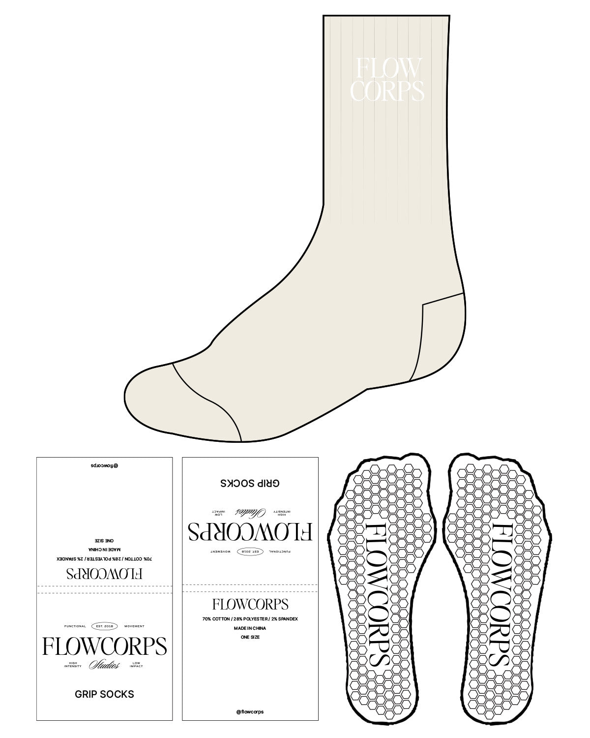 The Crew Sock - Off White - Flowcorps - Top Stacked - White Hexagon Grip - Embroidered White