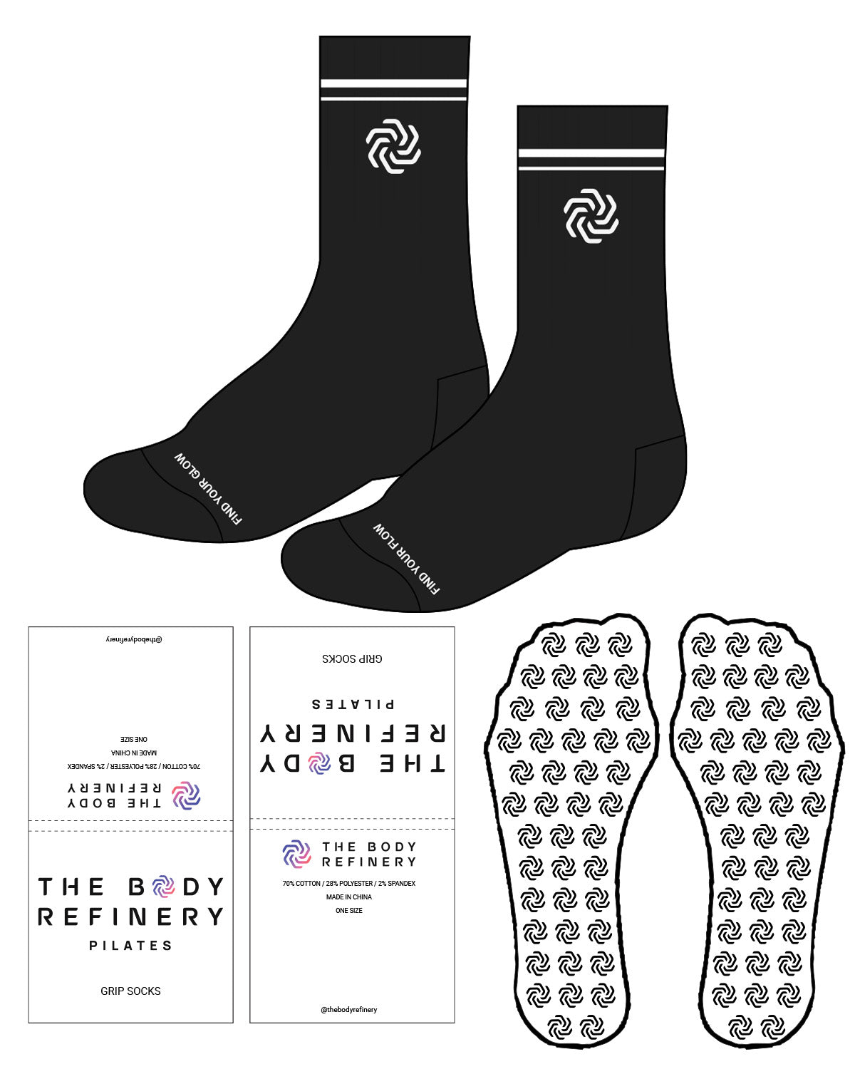The Crew Sock - Black - The Body Refinery - Top Lining "LOGO" & Bottom - Custom Grip - White
