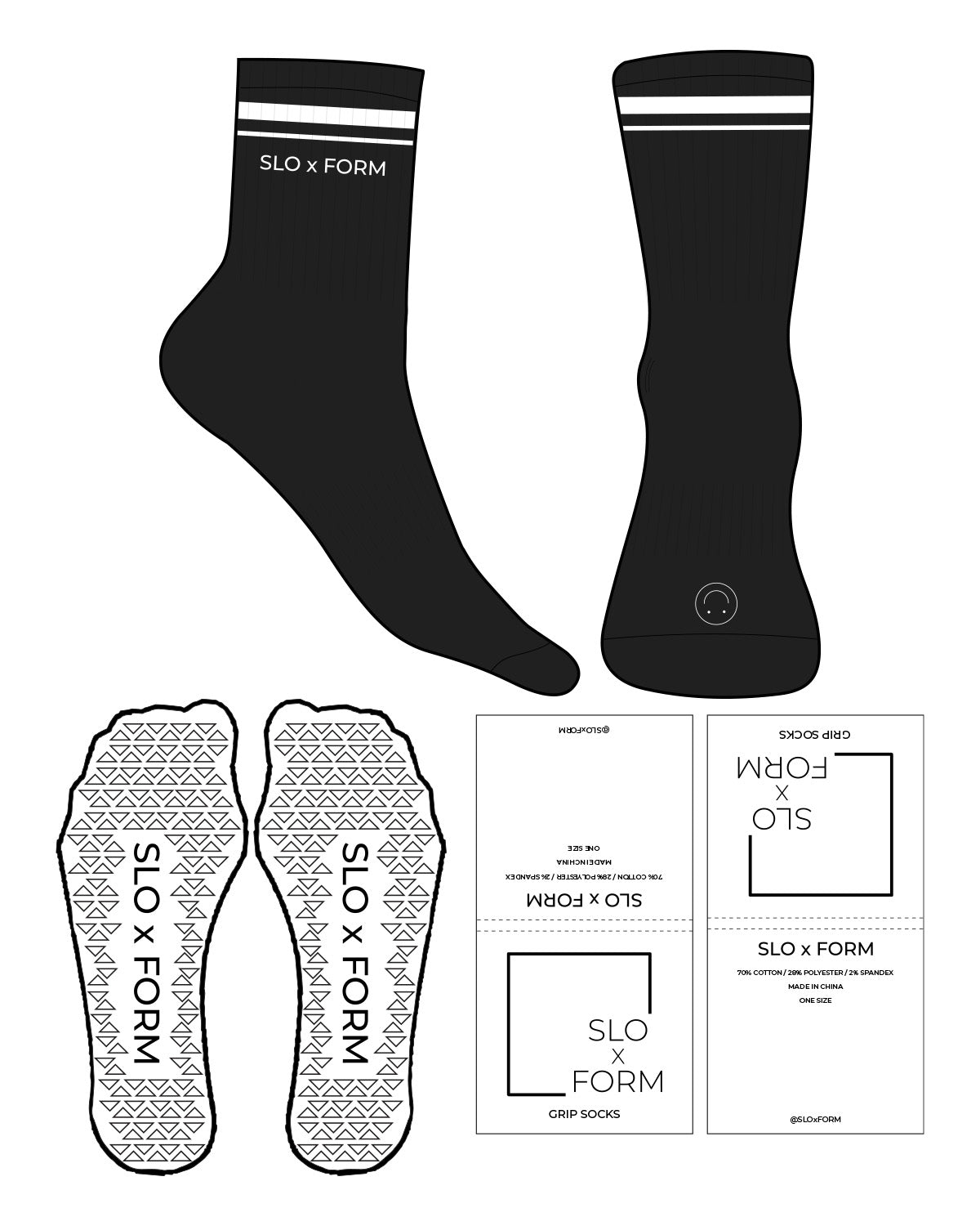 The 3/4 Crew Sock - Black - Slo x Form - Front & Side with Thin Stripe - White Triangle Grip - White
