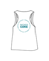 The Crop Tank - White - Wicked Core - Main Logo Left Chest / Embrace The Shake Logo Back - Teal