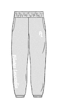 The Mens Sweatpants - Heather - Pilates Leucadia - Right Leg Vertical and Left Leg Initial- White